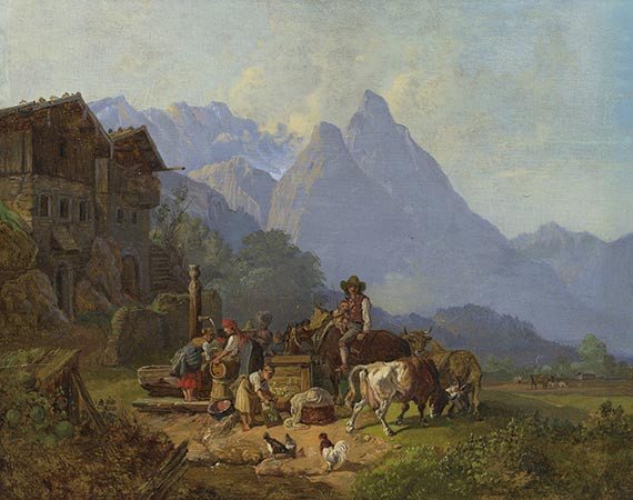 Bürkel, Heinrich - Gebirgsdorf mit Brunnen. Im Hintergrund das Wettersteingebirge