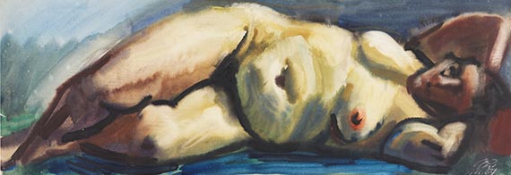 Querner, Curt - Liegender weiblicher Akt von vorne, Arme unter dem Kopf